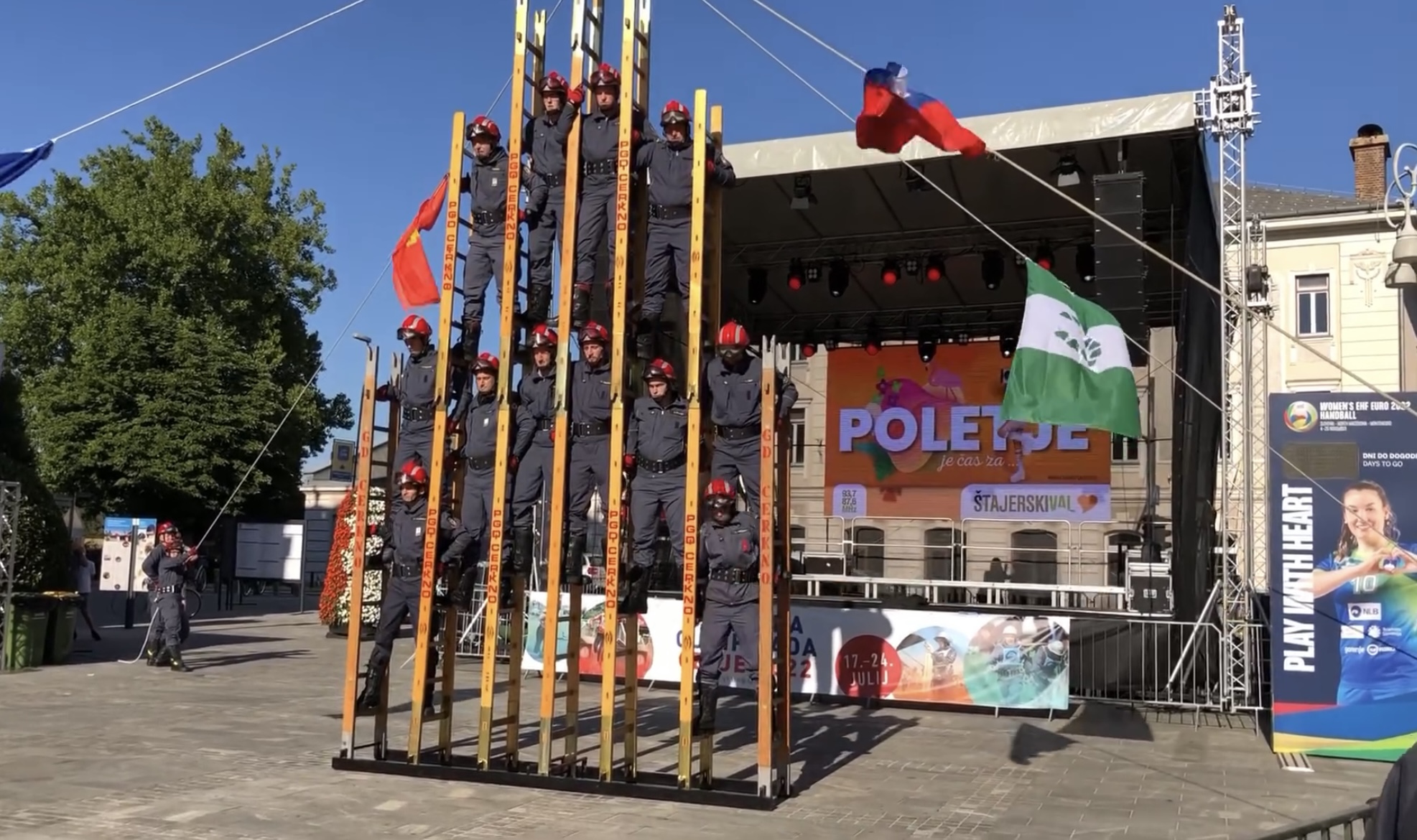 A ladder demonstration during the CTIF Firefighting Olympics in Celje Slovenia, 2022.  Photo by Björn Ufsson, CTIF.