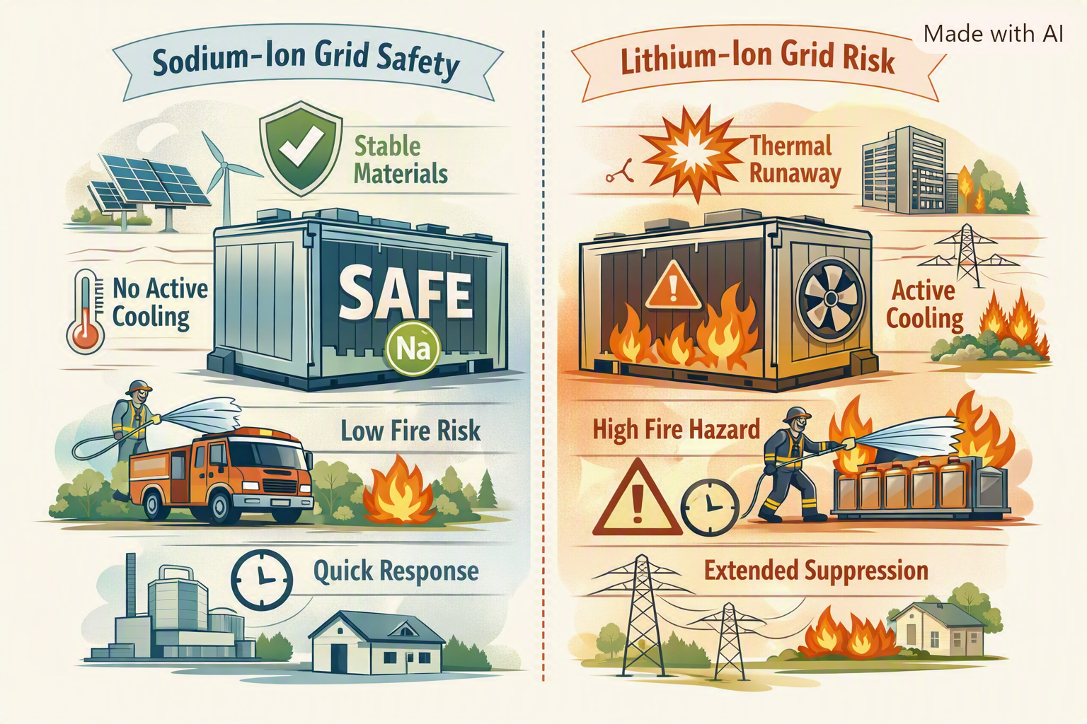 Sodium versus lithium based batteries. Illustration gererated by MS Co Pilot from a prompt by Bjorn Ulfsson / CTIF. 