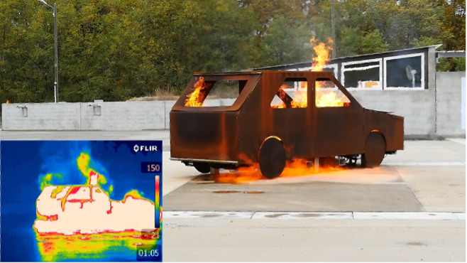 Thermal imaging camera of a training vehicle on fire
