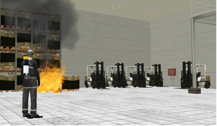 A 3D rendering of a firefighter in full protective gear assessing a hydrogen fire inside a warehouse.