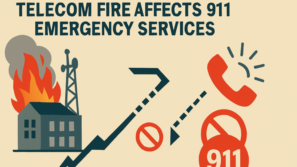 Conceptual image of a telecom fire affecting 911. From an idea by Bjorn Ulfsson, executed by Microsoft Copilot. 