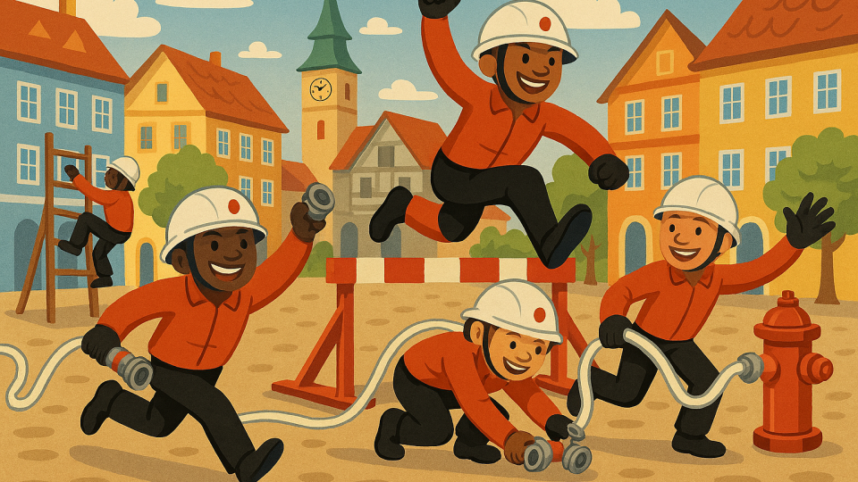 Generic illustration of youth fire sports in Europe. By MS CoPilot from a prompt by Björn Ulfsson, CTIF. 