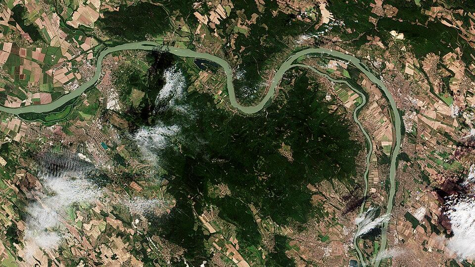 Photo Credit:   Danube’s waters fall to record lows ESA524550 - The Danube River near Budapest.jpg  These Copernicus Sentinel-2 images show a stretch of the Danube river about 45 km north of the Hungarian capital, Budapest. 