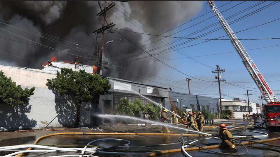 FOR ILLUSTRATIVE PURPOSES ONLY! Different fire! The Los Angeles Fire Department was summoned at 2:12 PM on September 5, 2022 (Labor Day) to the 2800 block of East 11th Street, where firefighters arrived quickly to find an already well-developed fire inside of a large one-story row of commercial buildings, amid a week-long Los Angeles heatwave.    Photo Use Permitted via Creative Commons - Credit: LAFD Photo | Harry Garvin     LAFD Incident: 090522-0984     Connect with us: LAFD.ORG |