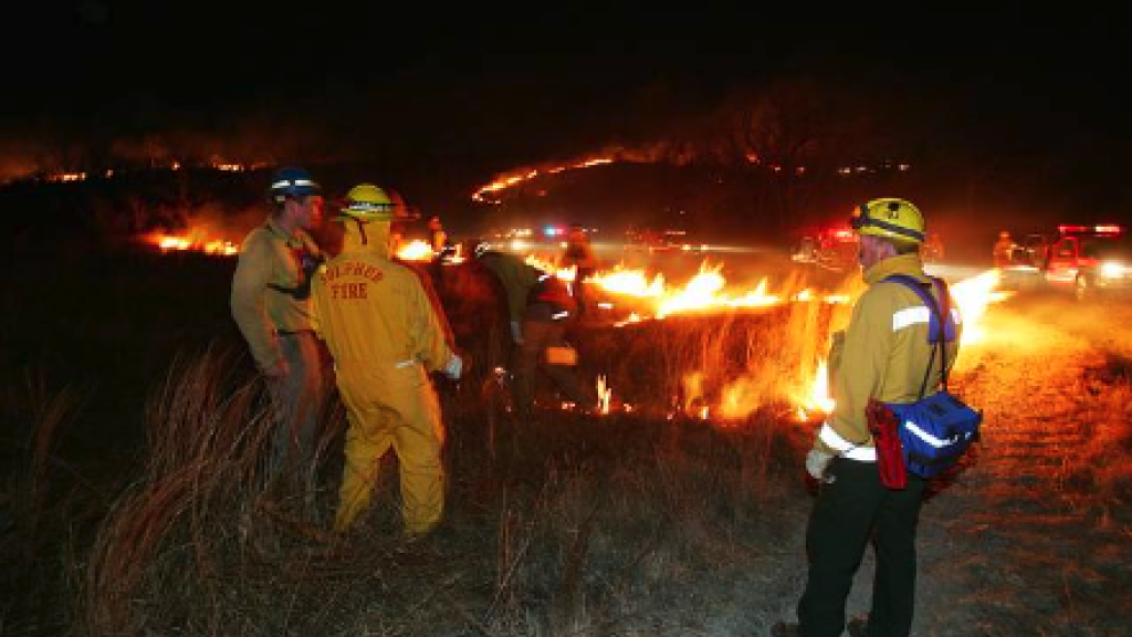 Photo by Bob MacMillan, FEMA. Firefighters from Oklahoma, North Carolina, Virginia an the US Fish & Wildllife Department perform a controlled burnout operation to contain a fire that eventually burned 350 acres in 2006.  