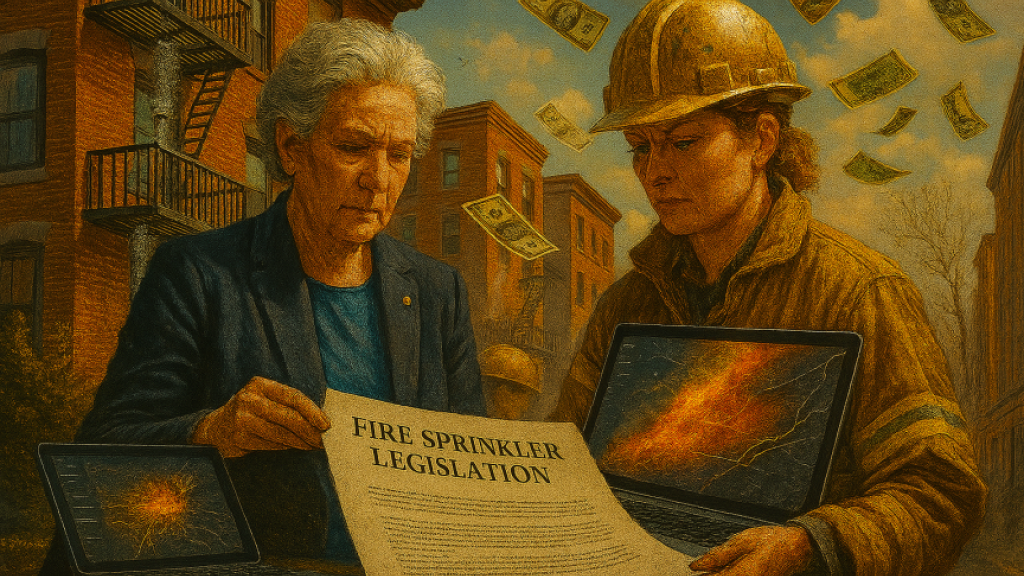 Fire sprinkler legislation updates for older buildings. From an idea by Bjorn Ulfsson, CTIF, executed by MS CoPilot.