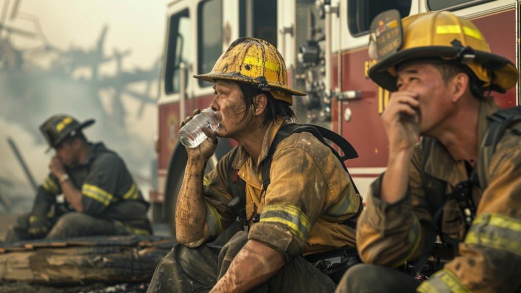 Public DomainAI Generated Firefighters Taking Break Exhausted firefighters rest and hydrate against the backdrop of a smoky scene after combating a blaze. Downloaded from Stockcake.com