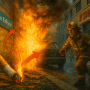 illustration showing the hidden danger of discarded cigarette butts near flammable vapors. It captures the moment of ignition in a gritty urban setting, with a fireball erupting from the ground as a cigarette lands near a gas leak—highlighting how a small act can trigger a devastating explosion. Executed by MS CoPilot
